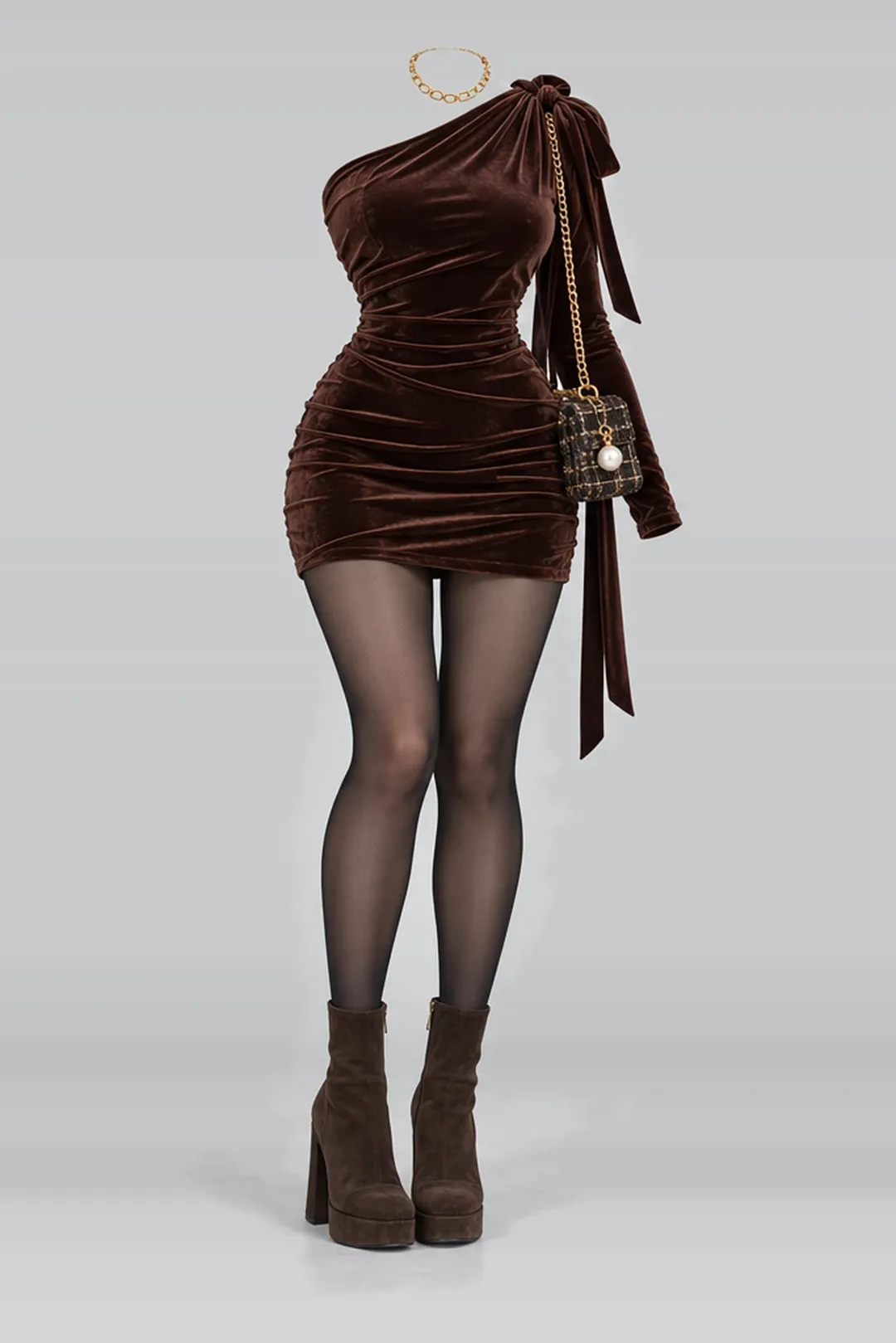 Brown ribbon knit mini dress + black tights