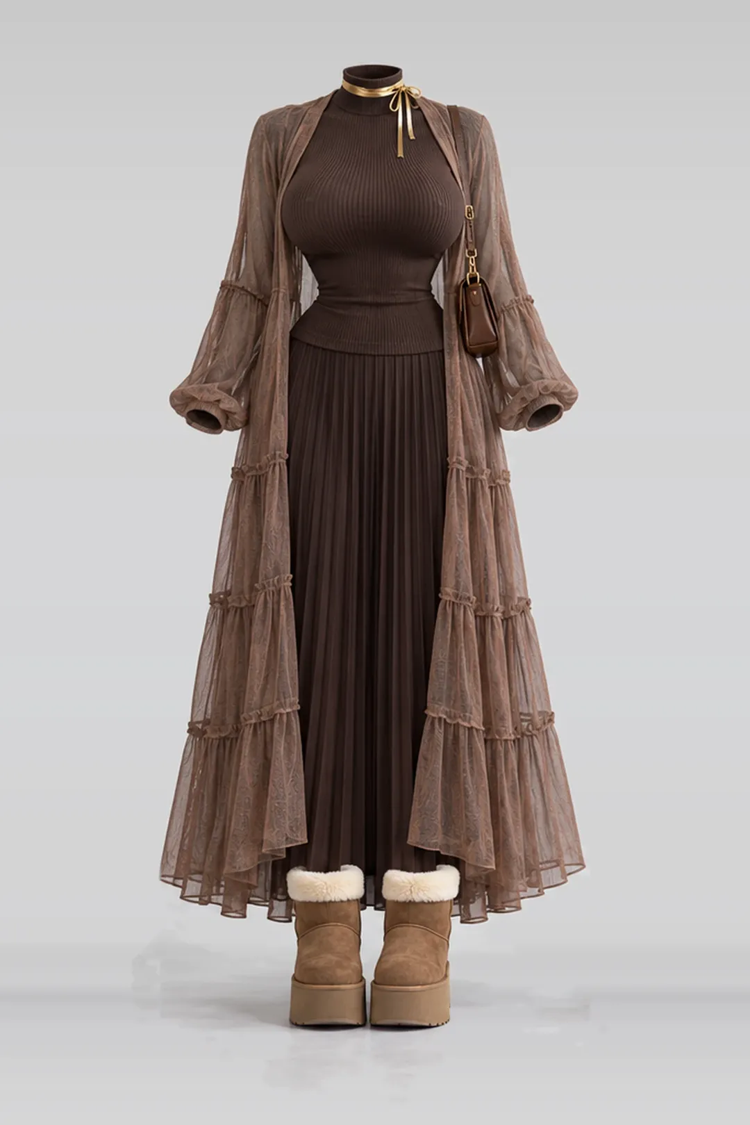 Brown knit pleated skirt + cardigan