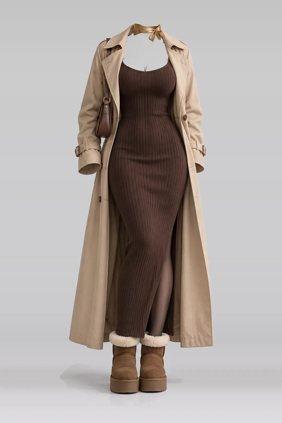 Brown knit dress + beige coat