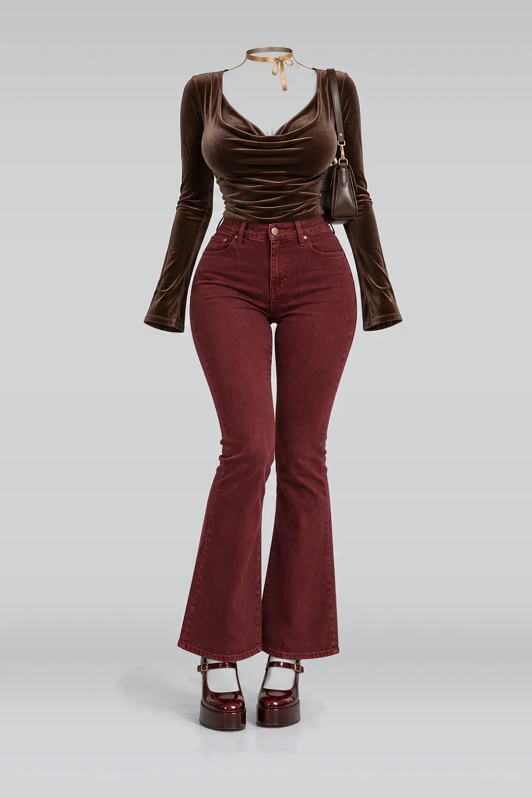 Red denim trousers + brown bag