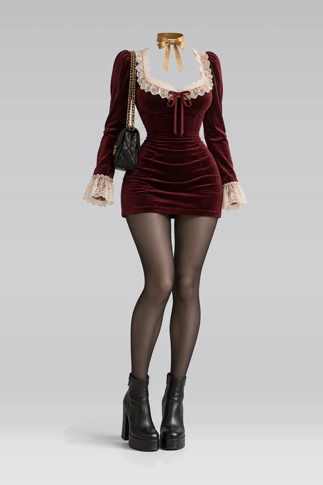 Burgundy lace velvet mini dress + black tights