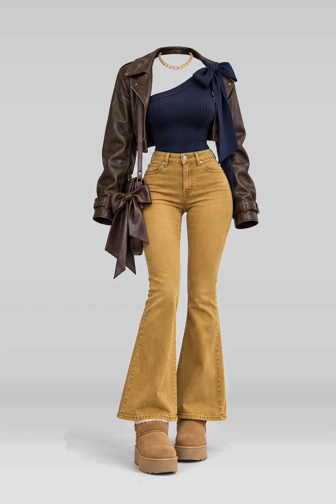 Navy ribbon knit denim trousers + leather jacket