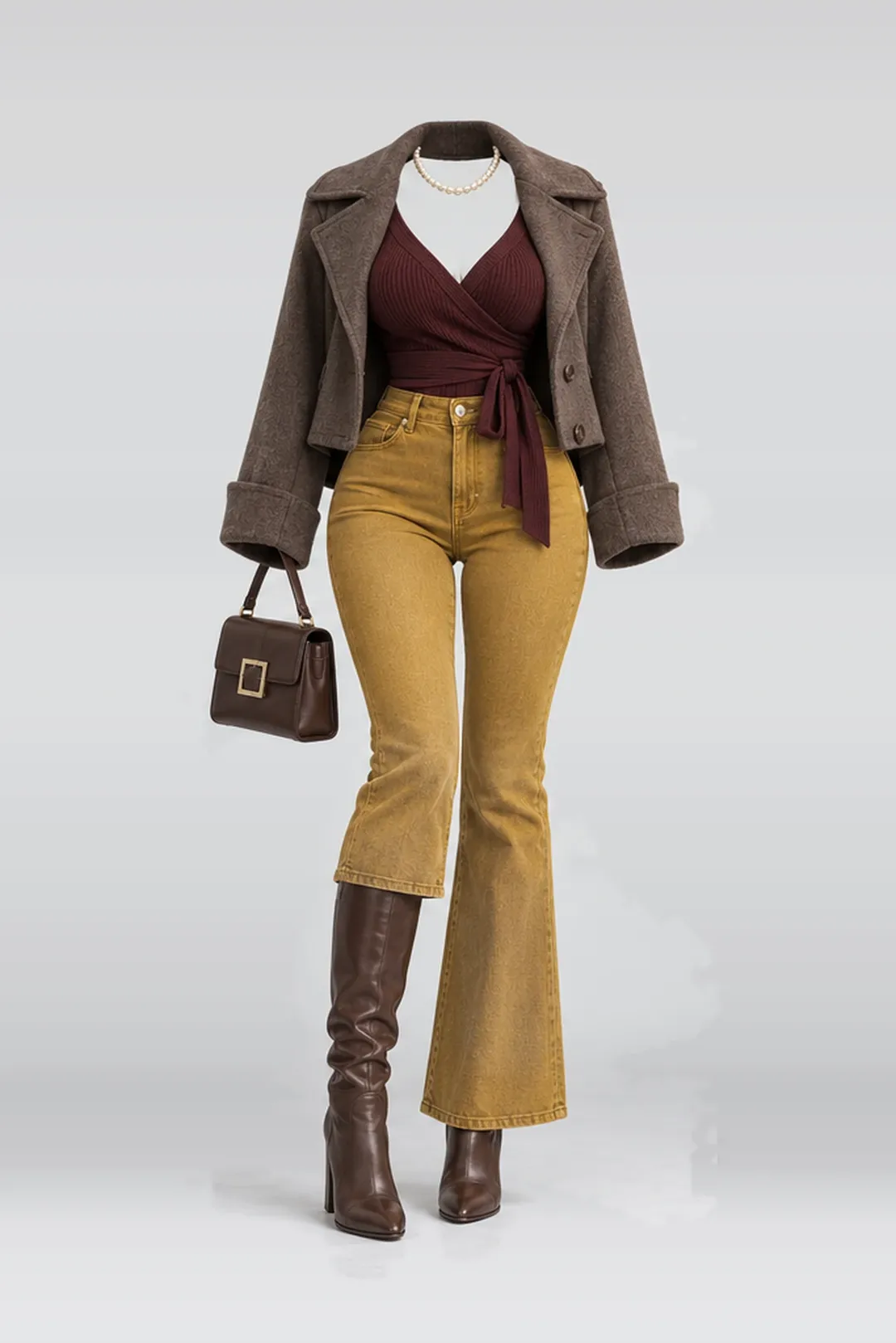 Burgundy knit denim trousers + wool coat
