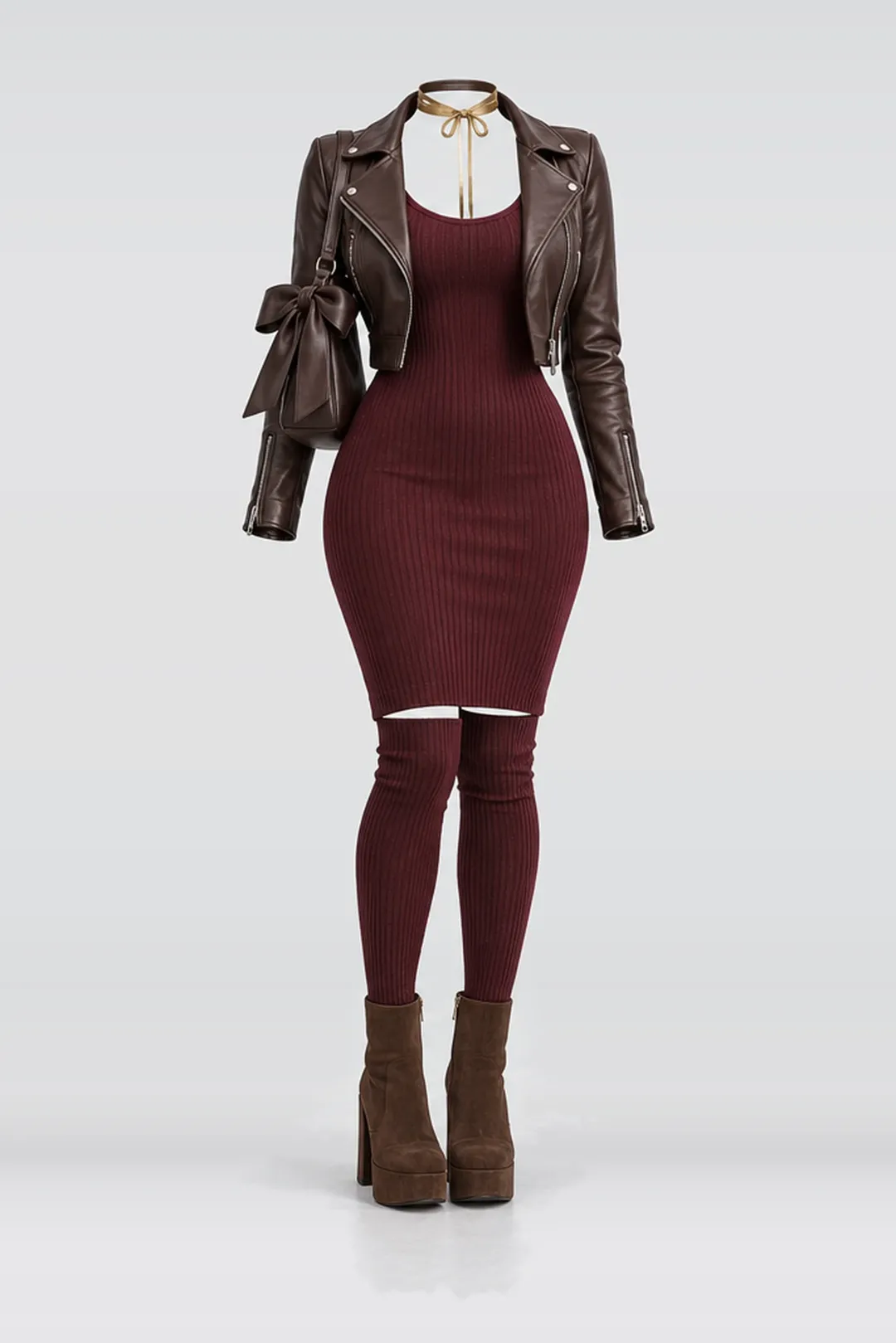 Burgundy knit dress + leather jacket