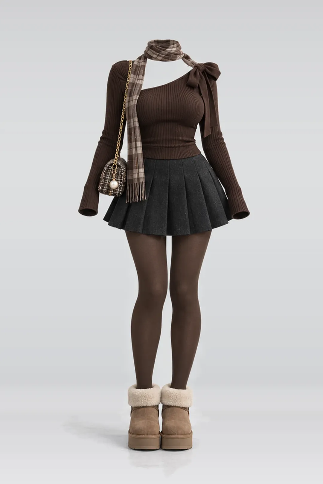 Brown ribbon knit top + black pleated mini skirt
