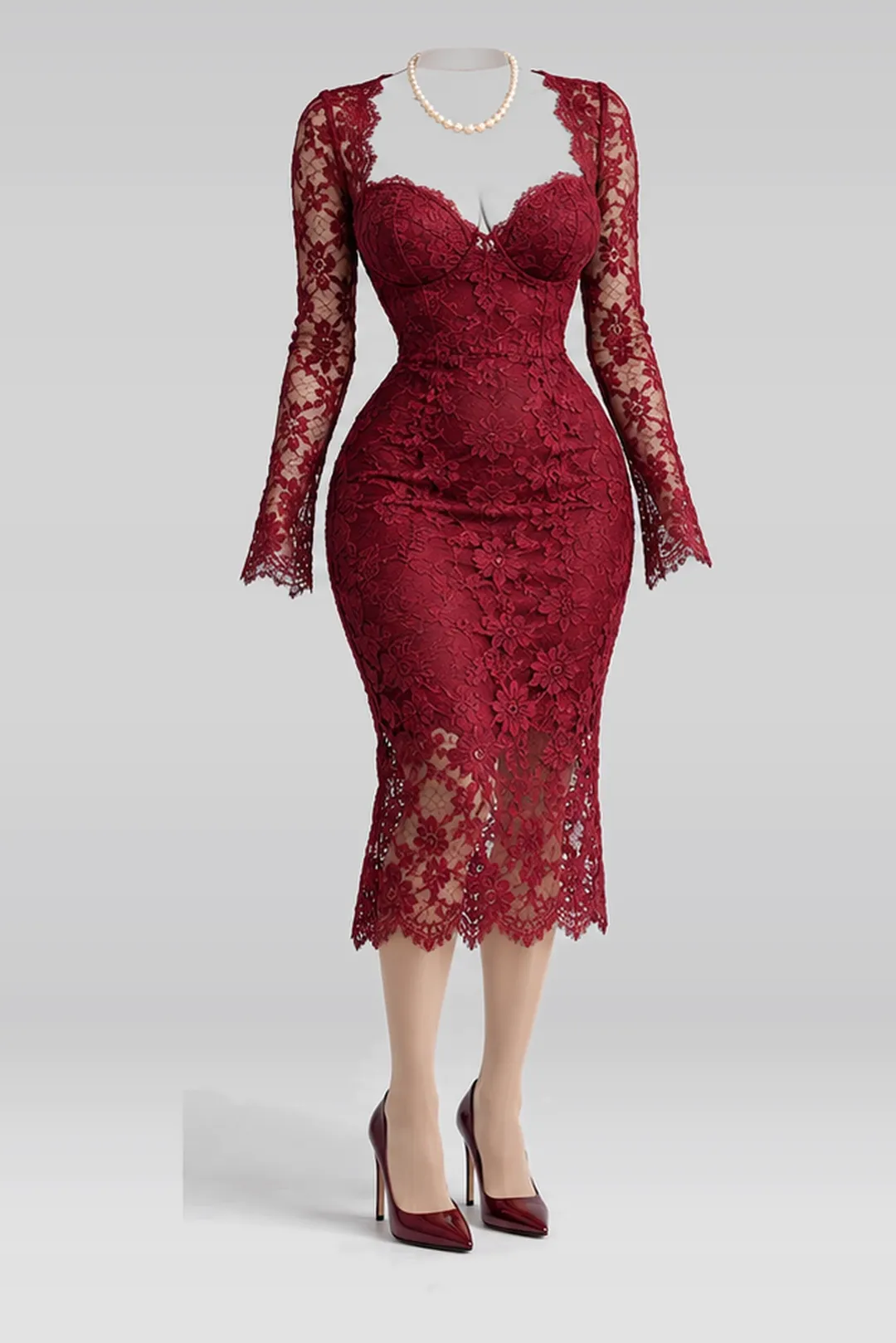 Red lace midi dress + tights