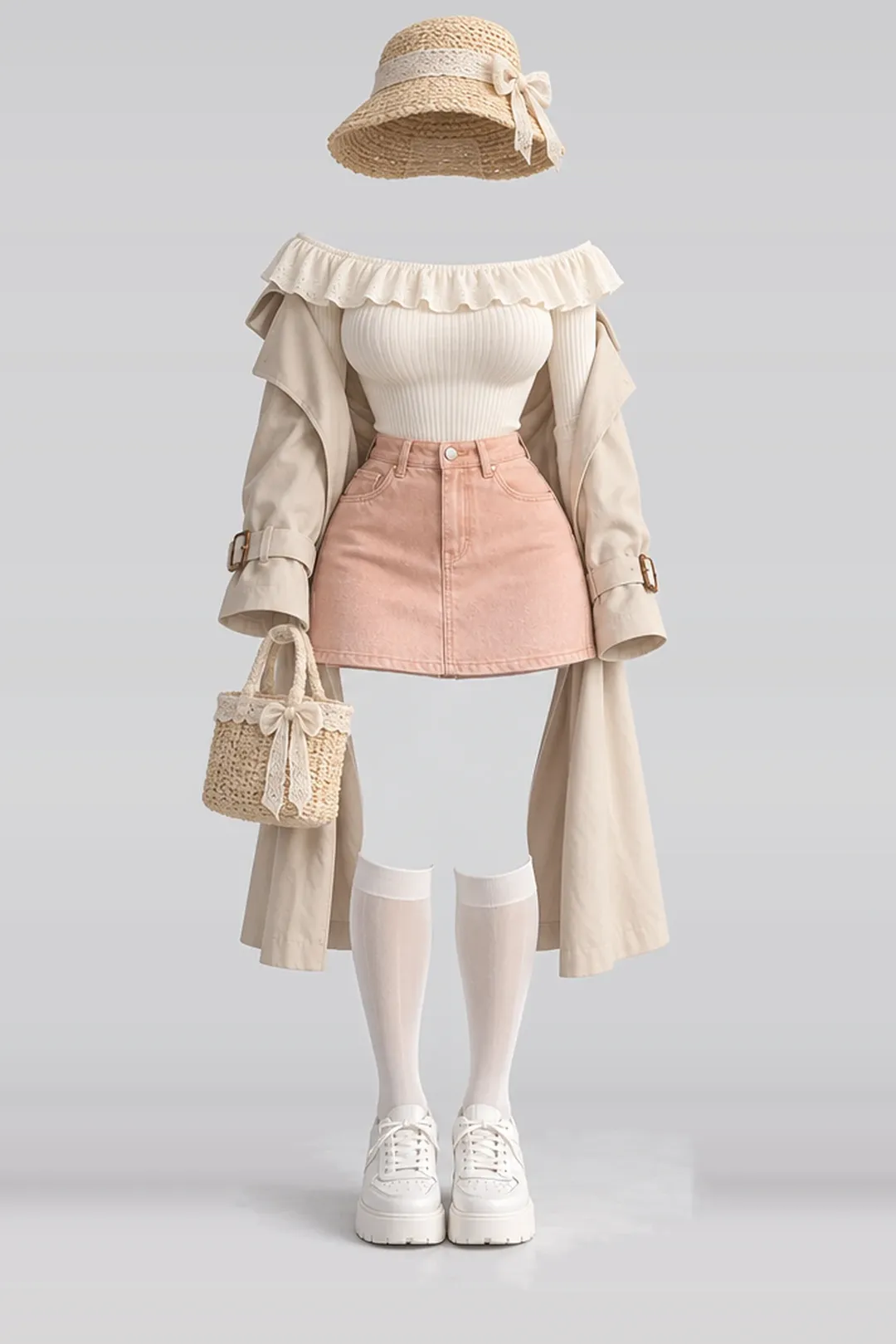 Ivory frill knit denim mini skirt + coat