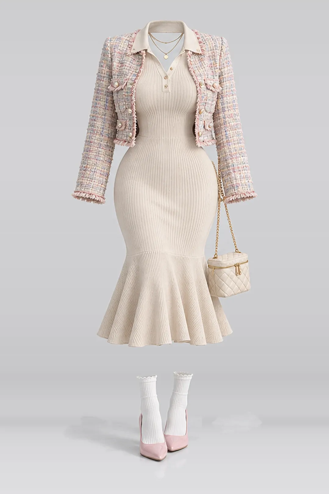 Beige knit dress + jacket