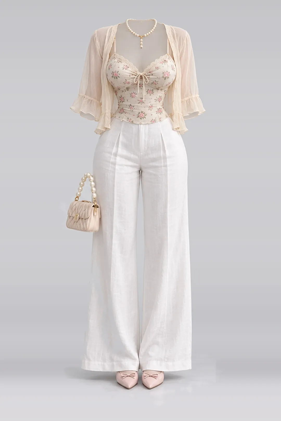 Beige floral camisole + cardigan