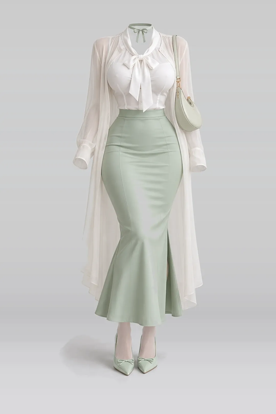 White blouse + mint green midi skirt