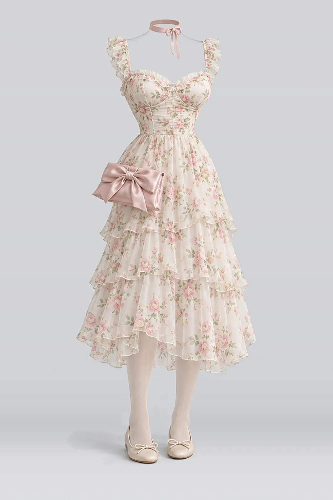 Cream floral midi dress + beige tights