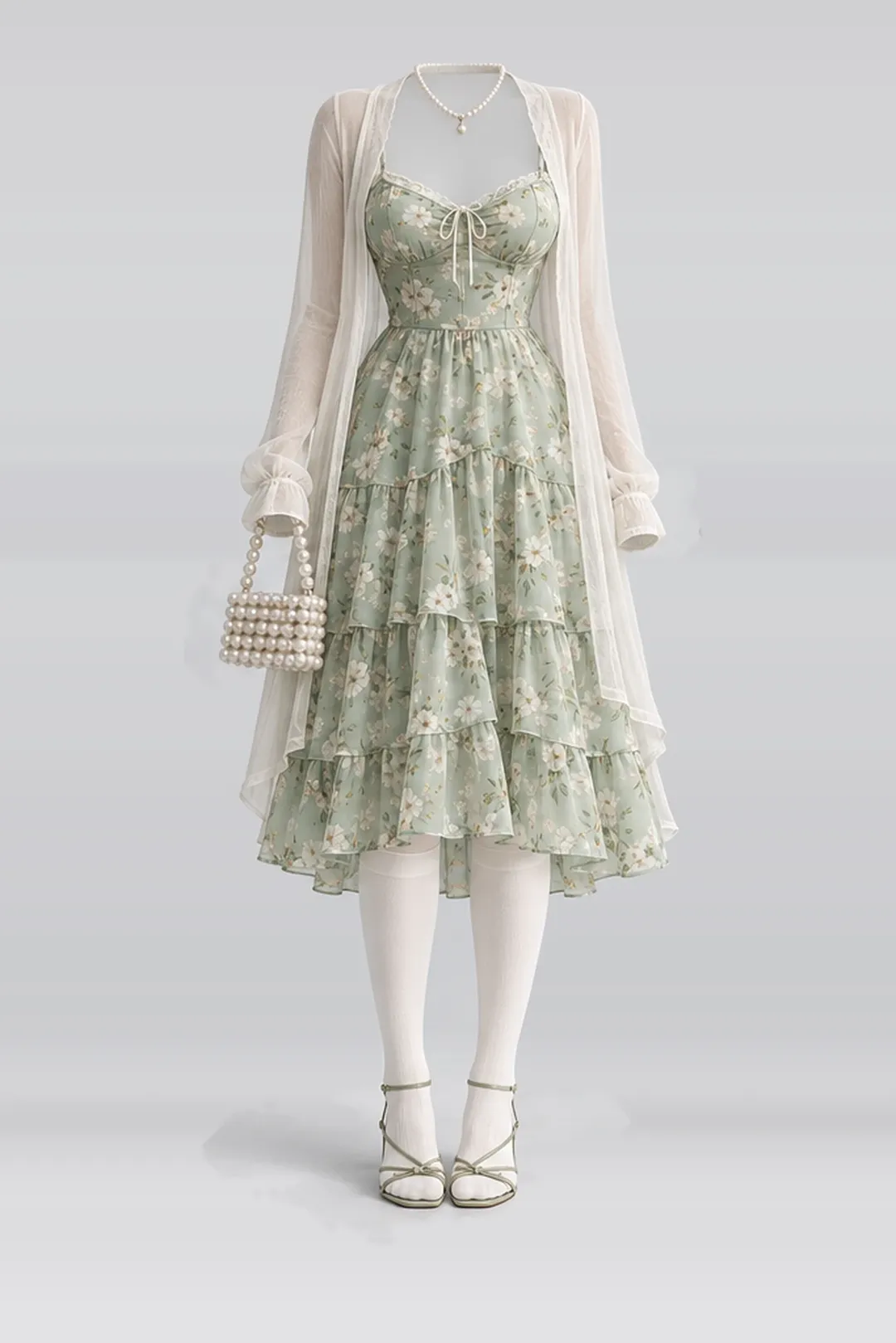 Mint green floral midi dress + cardigan