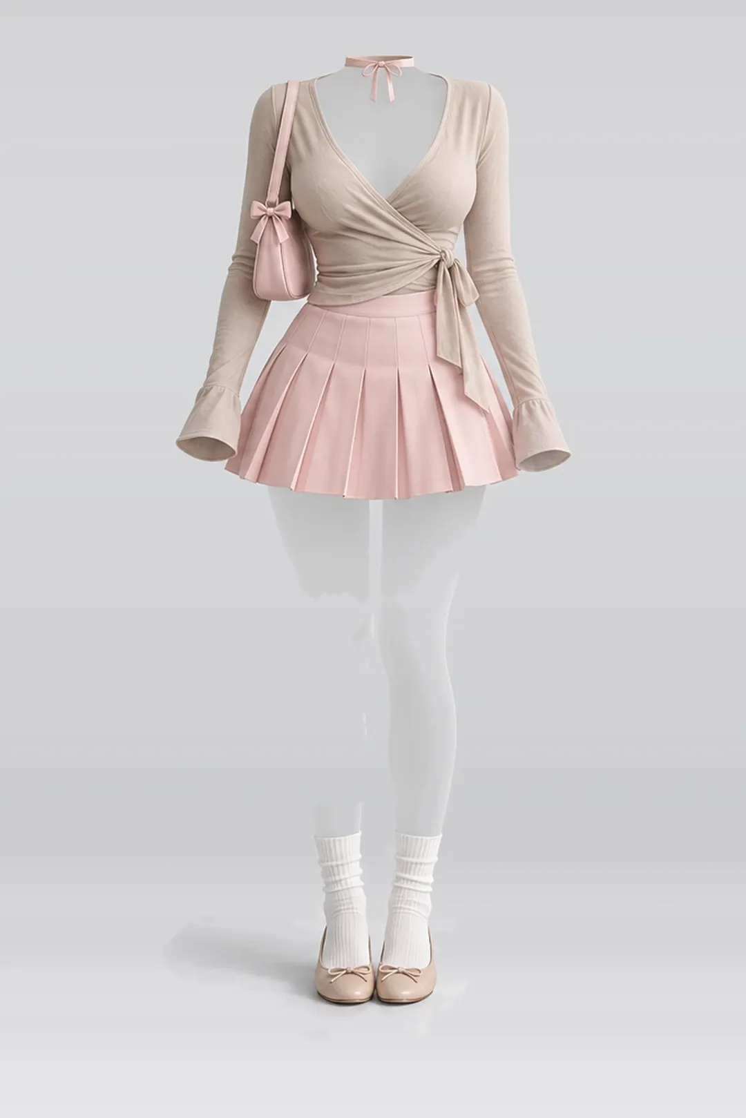 Beige pink pleated mini skirt + white socks