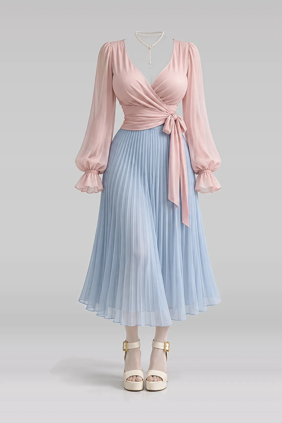 Pink blue pleated midi skirt + sandals