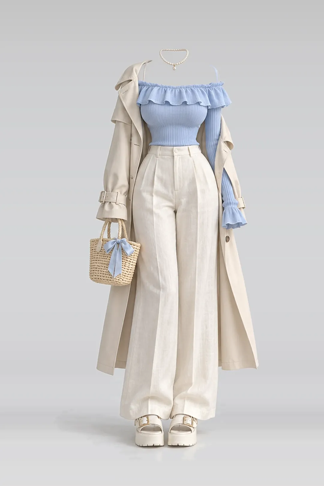 Blue frill knit top + cream trousers