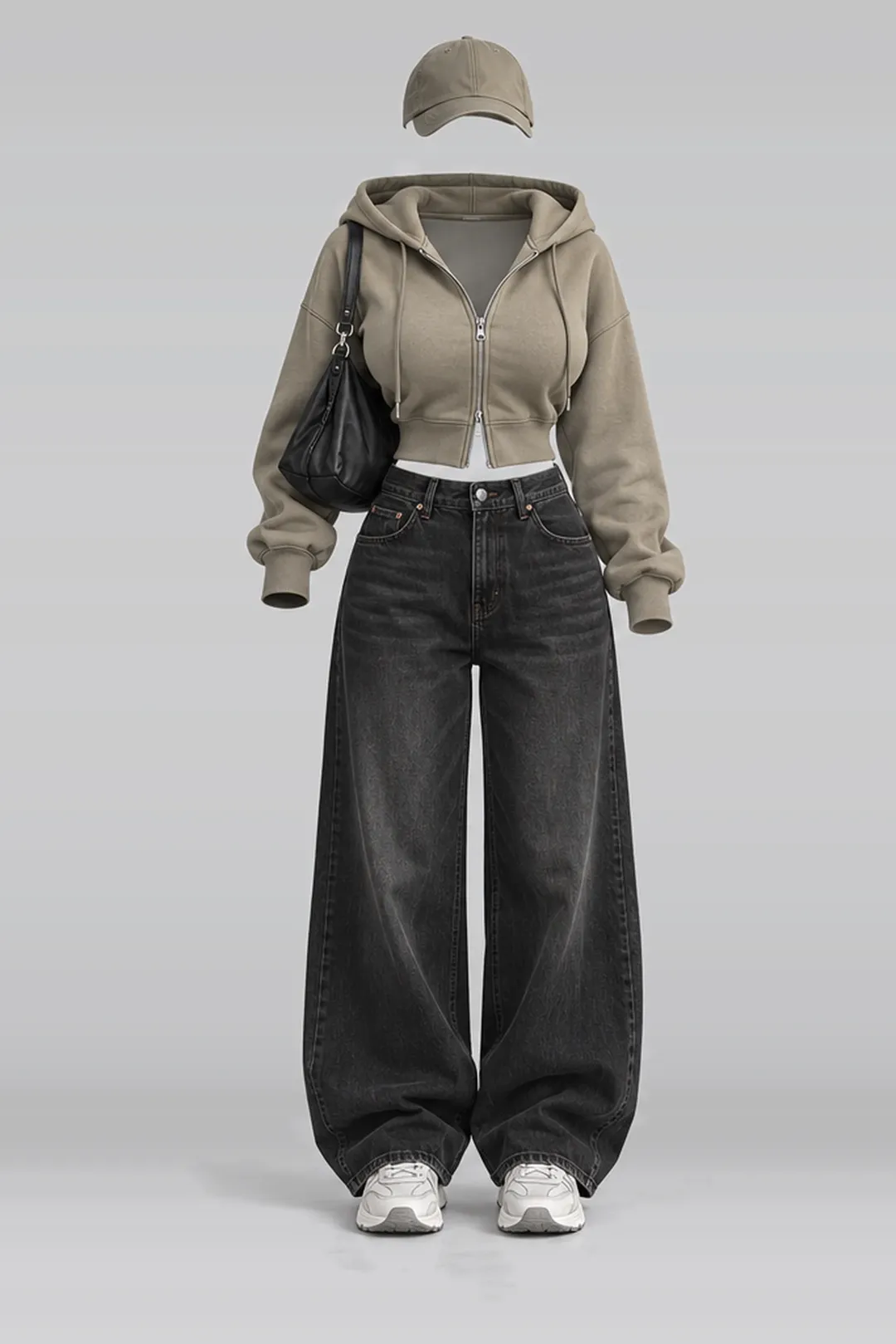 Khaki hoodie + black denim jeans