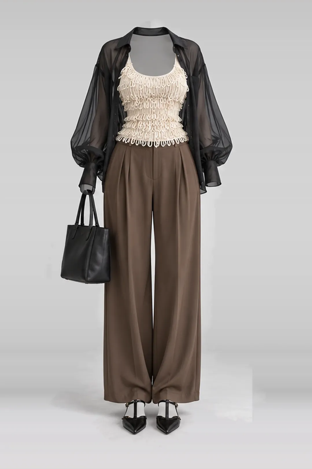 Knit vest + black brown tote bag