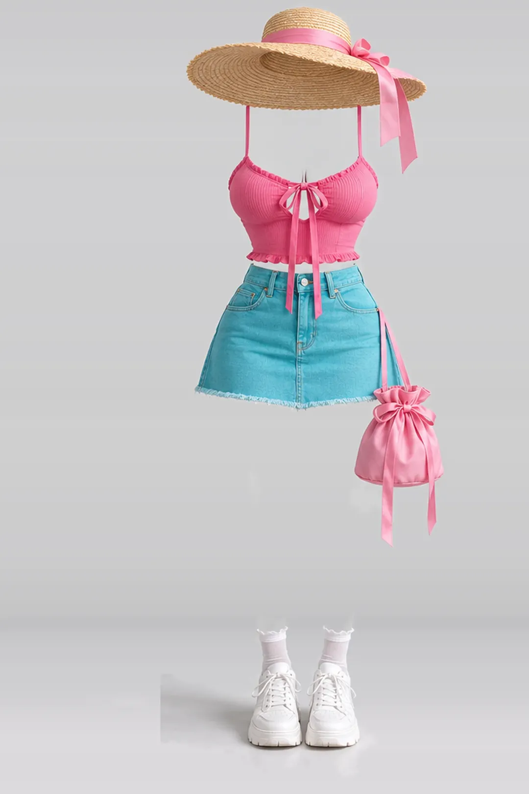粉色蝴蝶结吊带 + 牛仔短裙 · 夏季穿搭参考