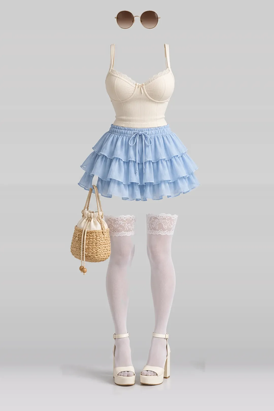 奶油色拼蓝色短裙 · 夏季穿搭参考