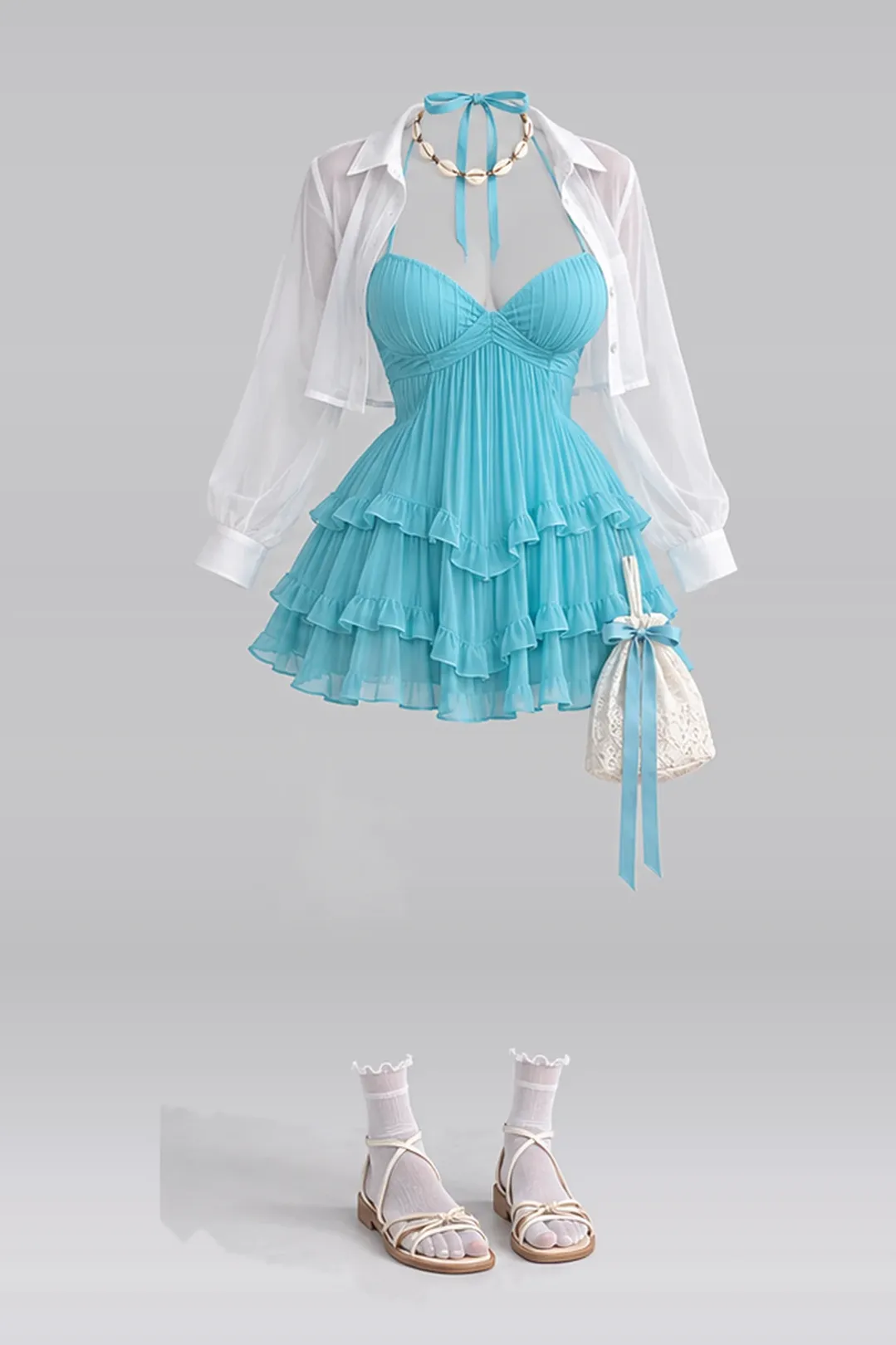Ribbon frill pleated dress + shirt