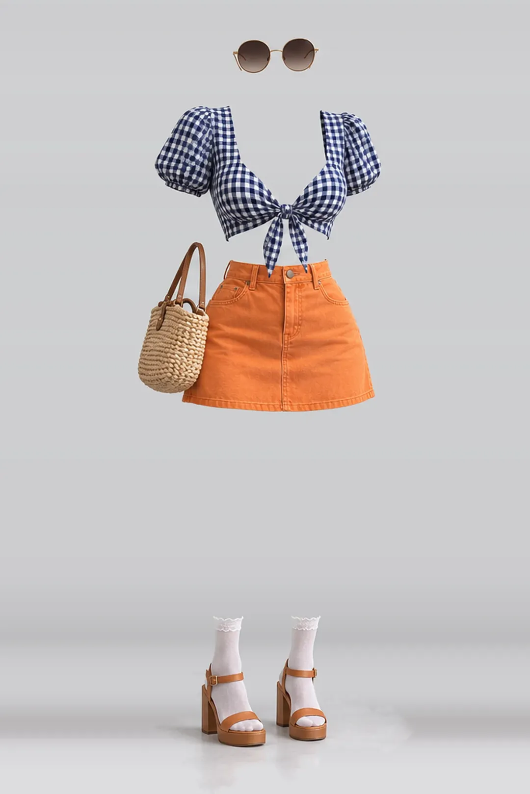 Navy orange denim mini skirt + white socks