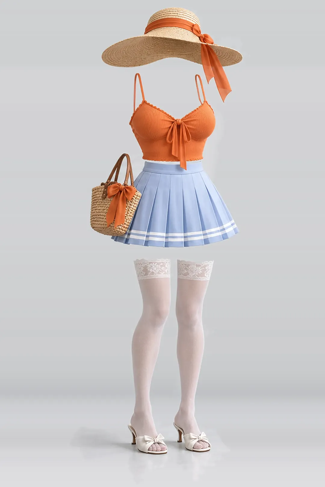 Orange ribbon camisole + blue white mini skirt