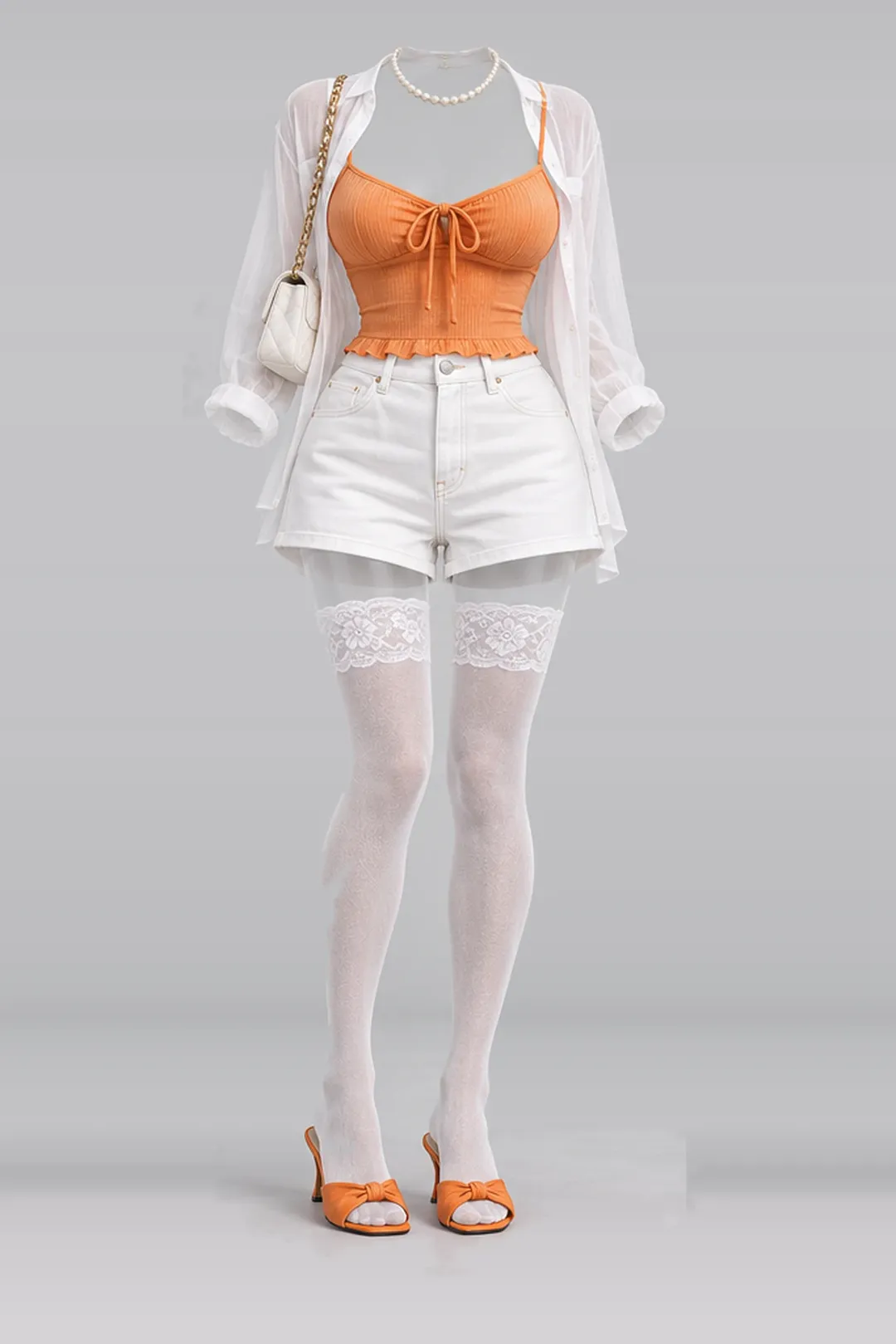 Orange ribbon camisole + white denim shorts