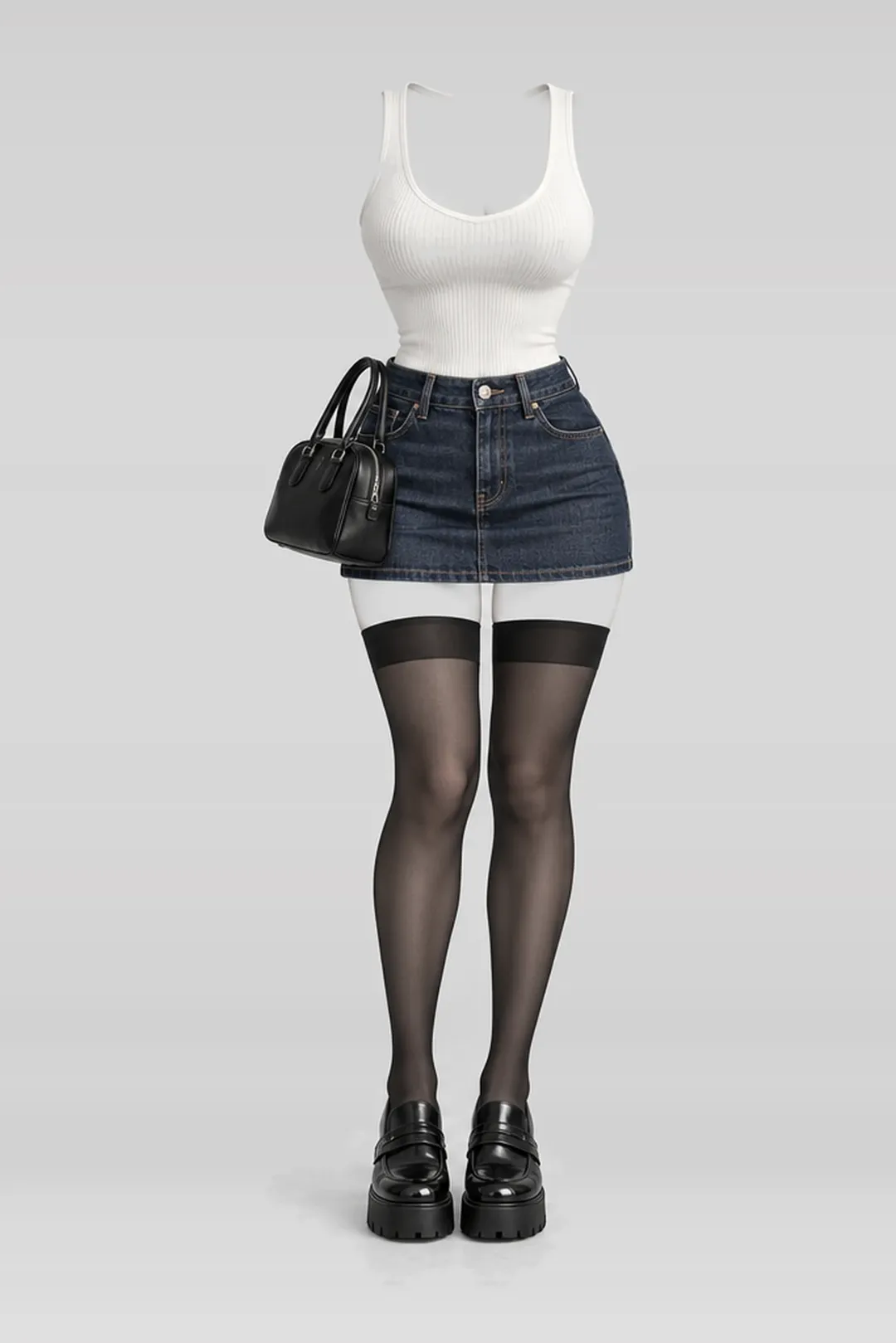 White knit denim mini skirt + black stockings