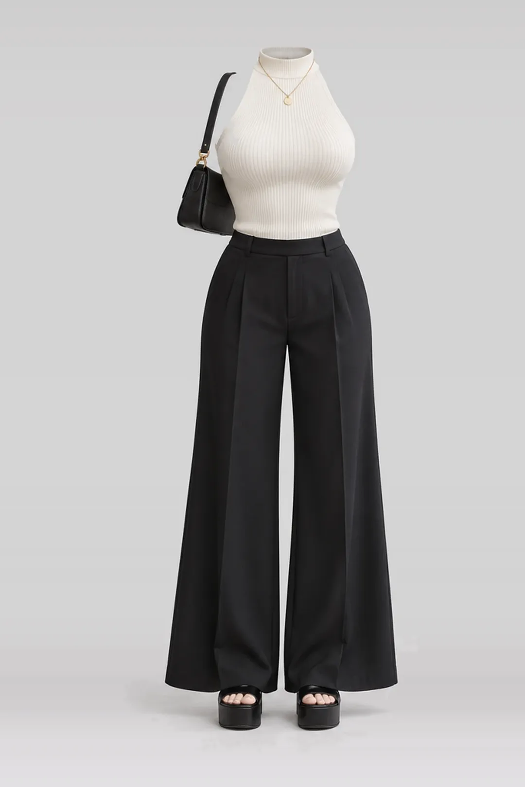 Ivory knit top + black sandals