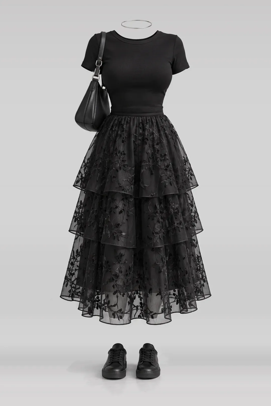 Black midi skirt + sneakers
