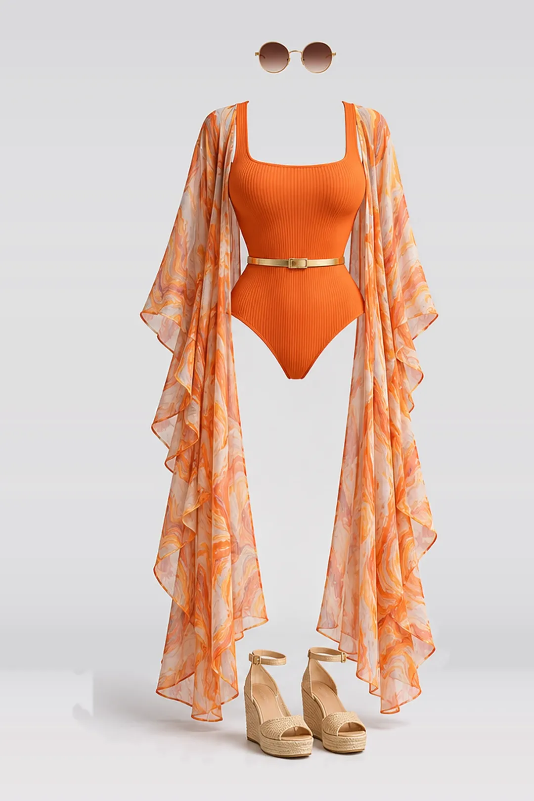 Orange swimsuit + gold belt