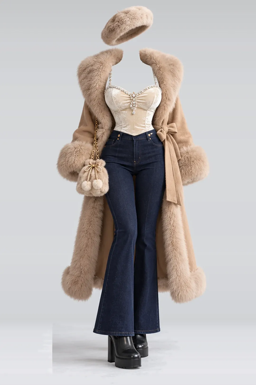 Ivory velvet camisole + navy trousers