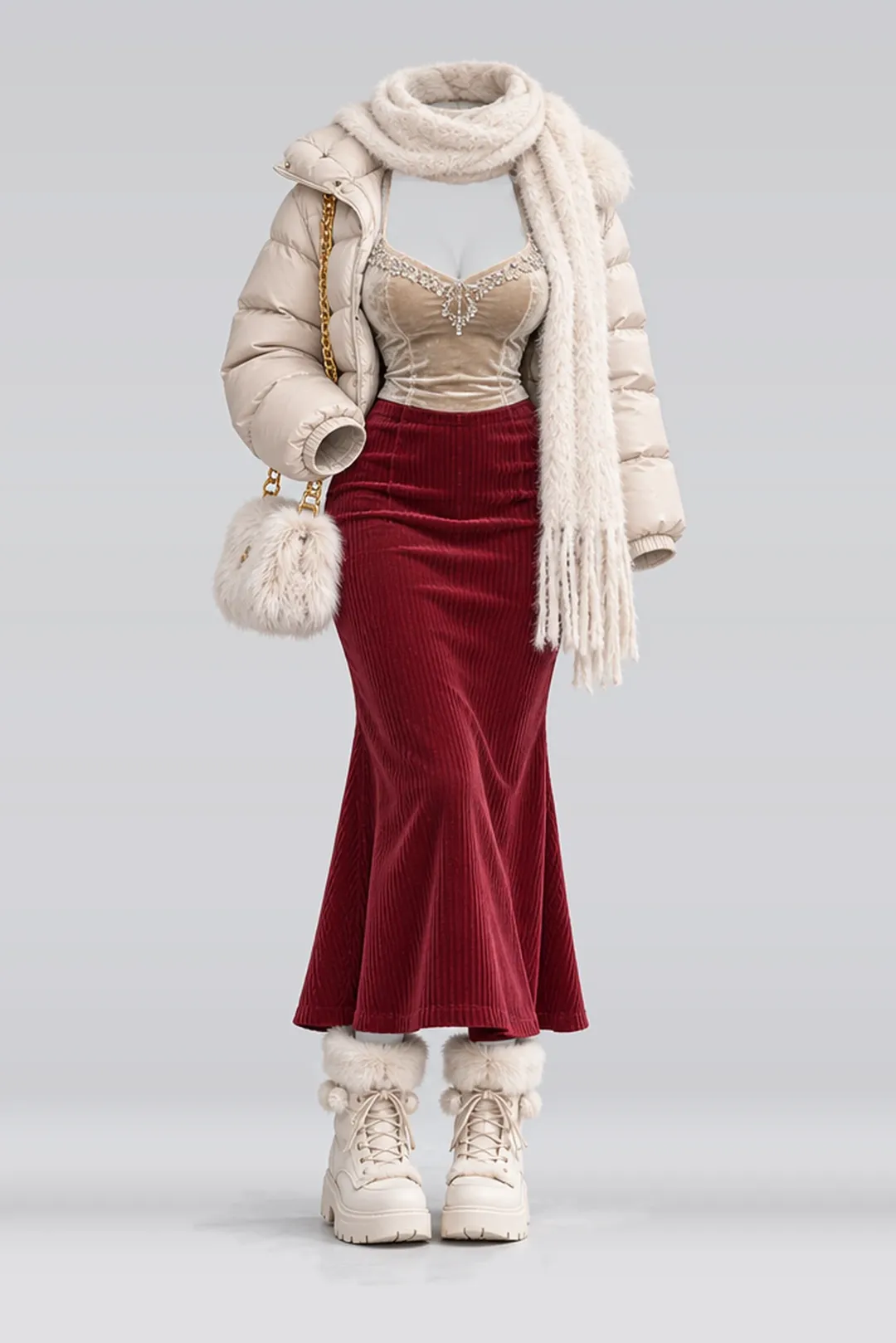 Beige velvet camisole + red corduroy skirt