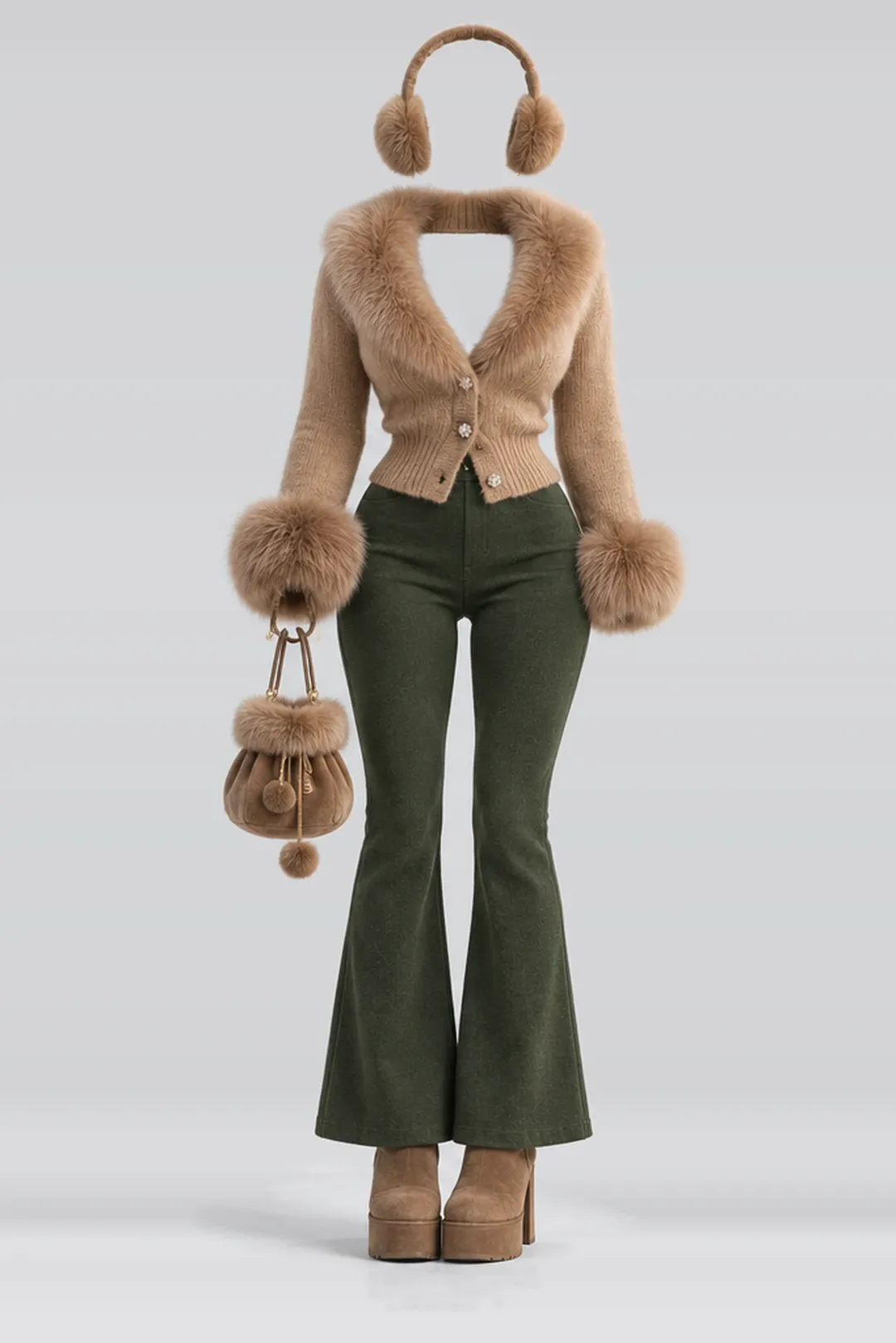 Fur knit cardigan + green trousers