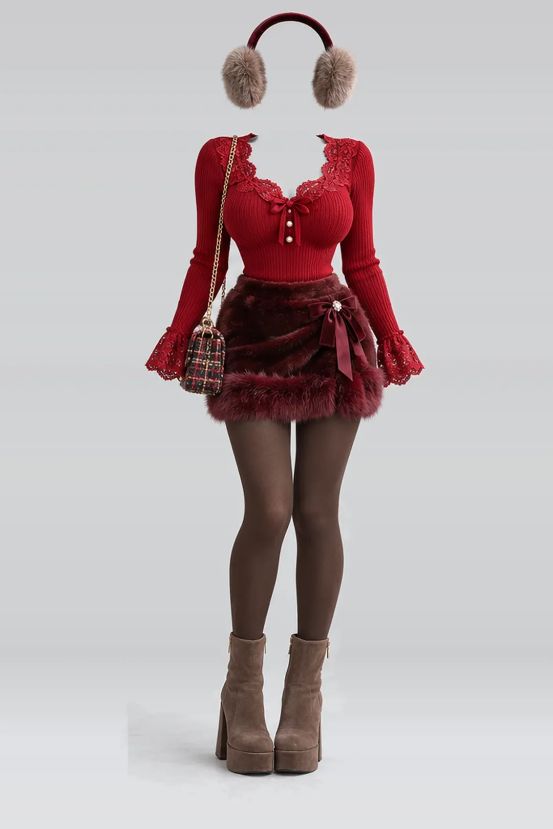 Red lace knit fur mini skirt + brown tights