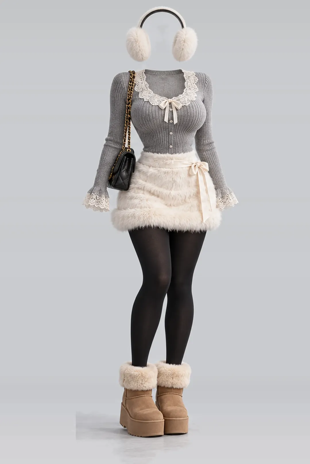 Grey lace knit top + ivory fur mini skirt