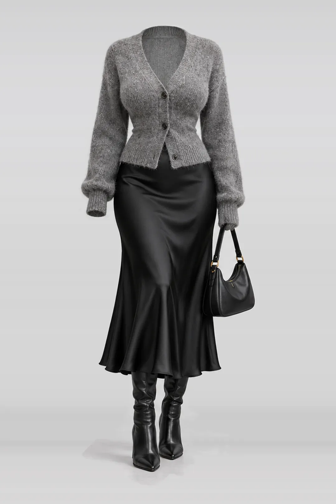 Grey knit cardigan + black satin skirt