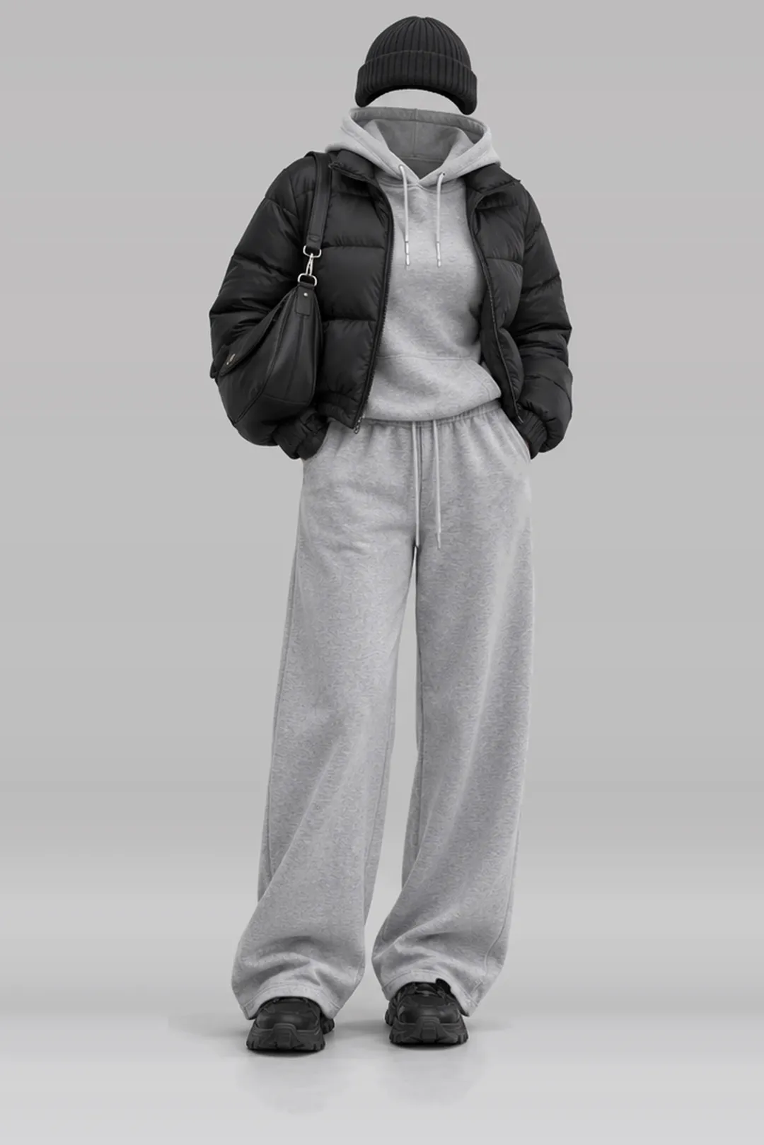 Black jacket + grey hoodie
