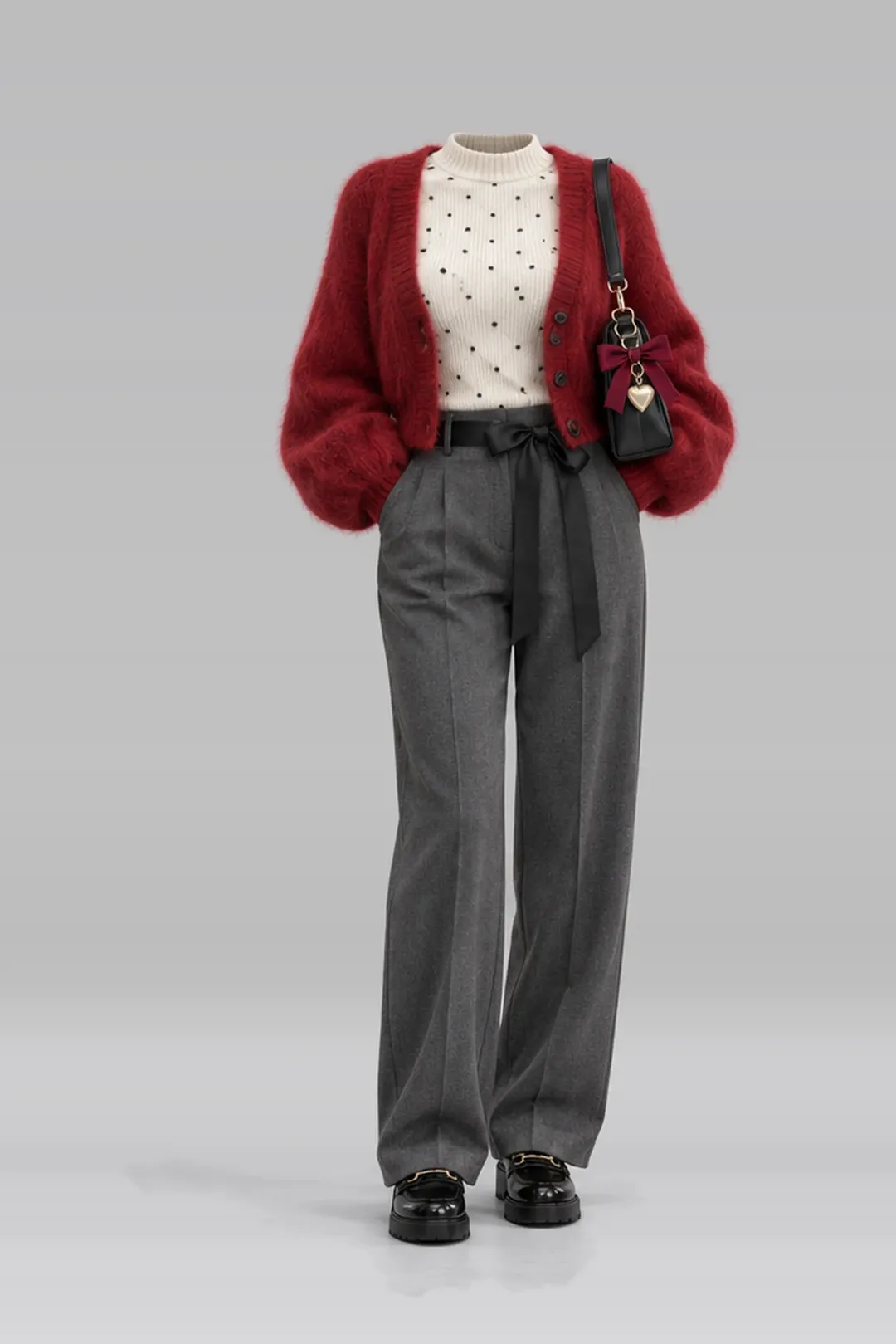 Red cardigan + ivory grey ribbon belt