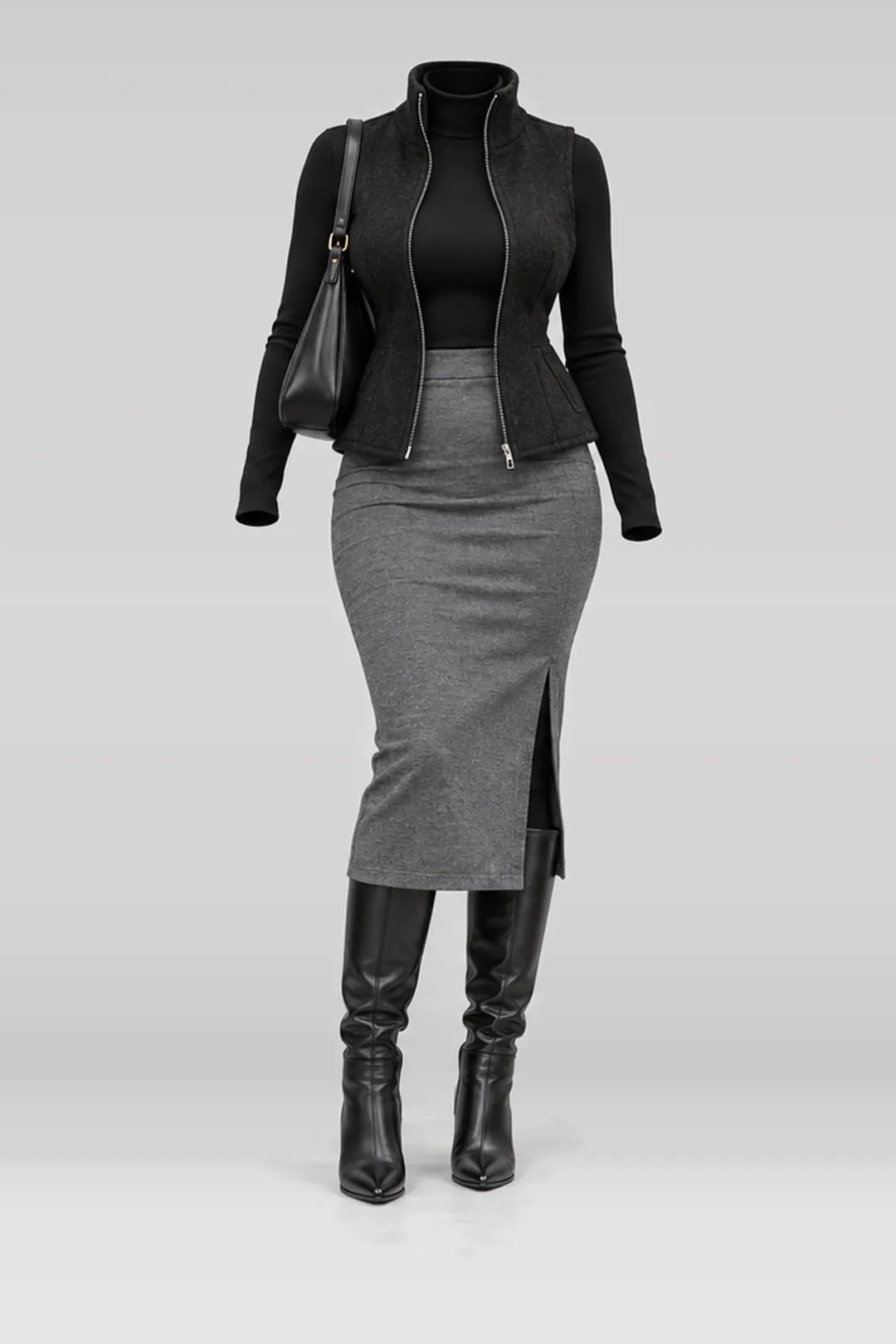 Grey midi skirt + black wool boots