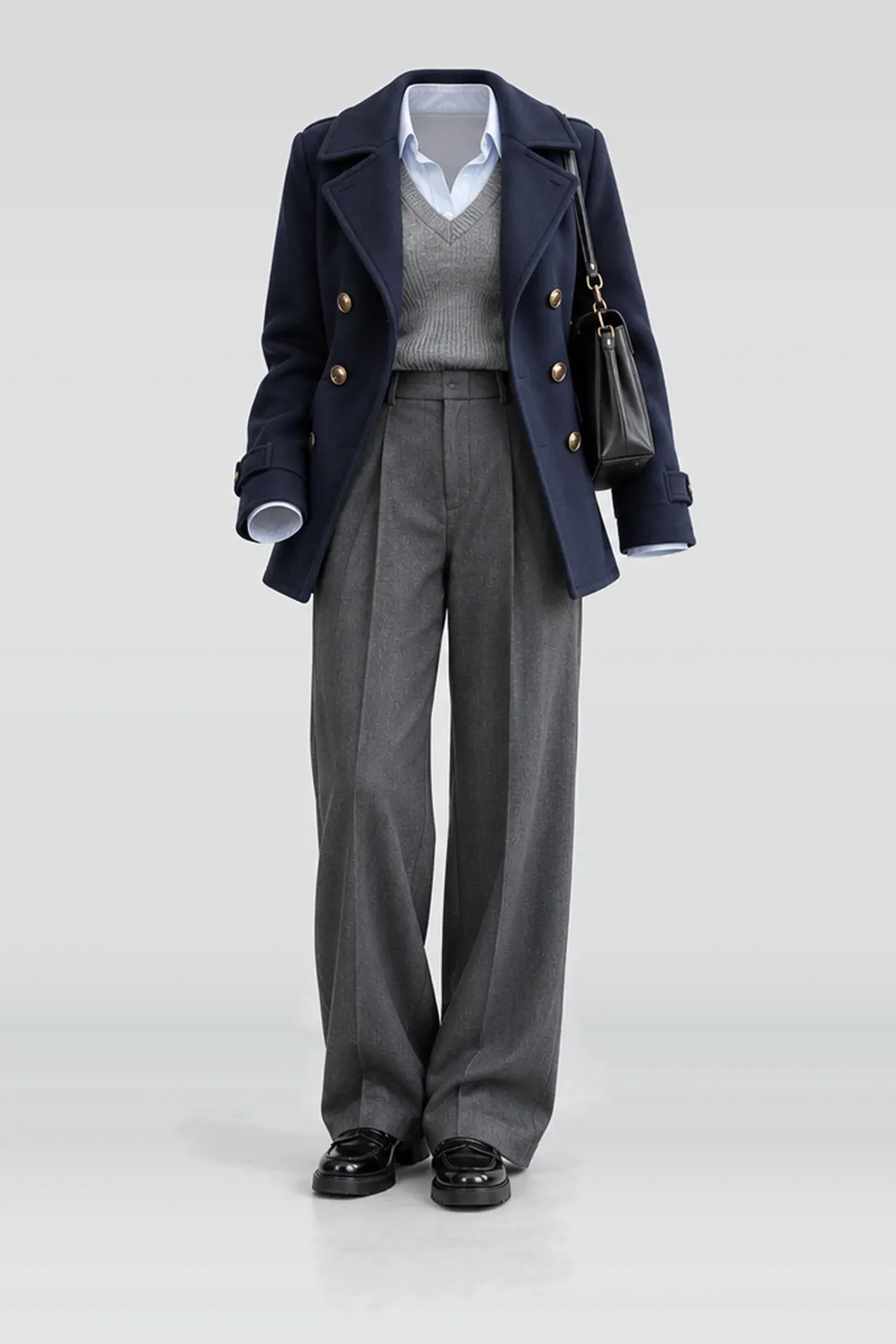 Navy coat + grey knit shirt