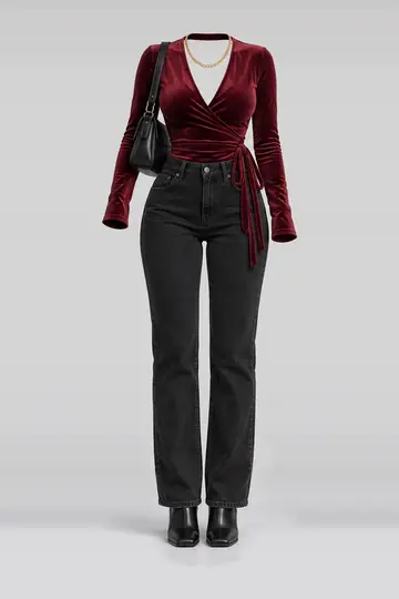 酒红色拼黑色牛仔裤