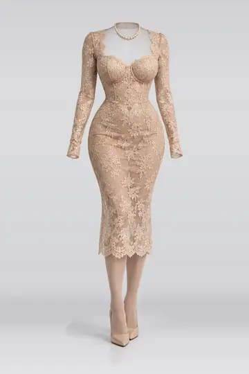 米色蕾丝中长连衣裙