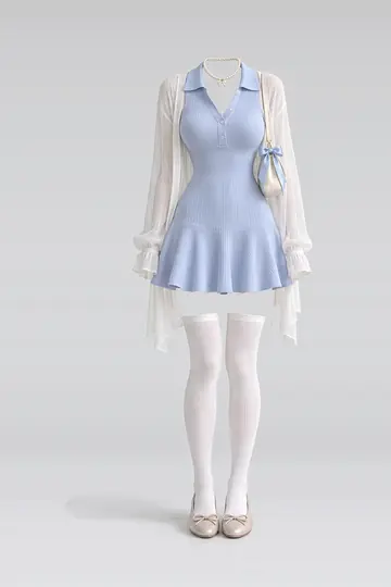 蓝色针织连衣裙 + 开衫