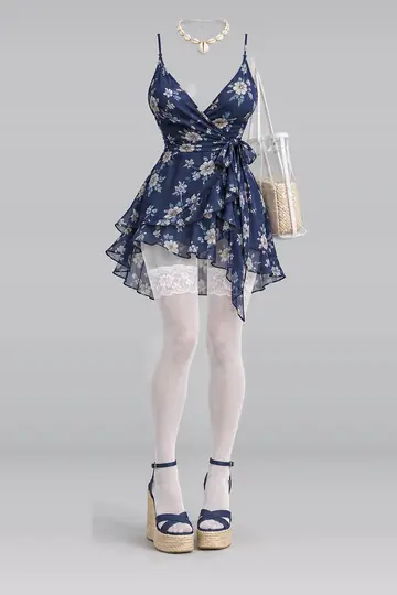 藏青色碎花连衣裙