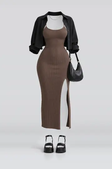 中长连衣裙 + 夹克